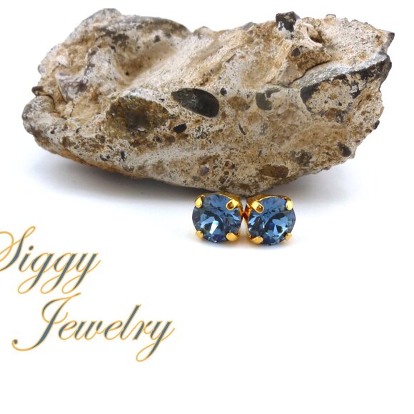 Austrian Crystal Earrings, 8mm Denim Blue, Round Solitaire Studs or Drops - Picture 5 of 7